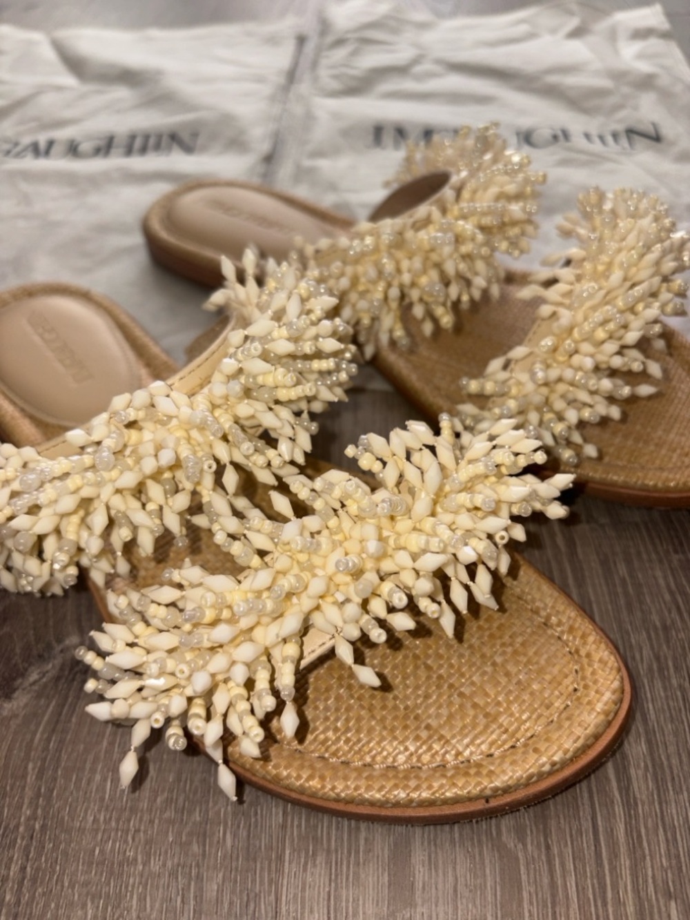 J. McLaughlin Cream Beaded Coral Cluster Slide Sandals
